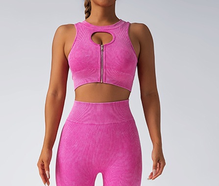 Cross-border new seamless yoga set, fitness and sports, matte high-waisted, hip-lifting long pants, zipper bra, gathering vest Item Picture