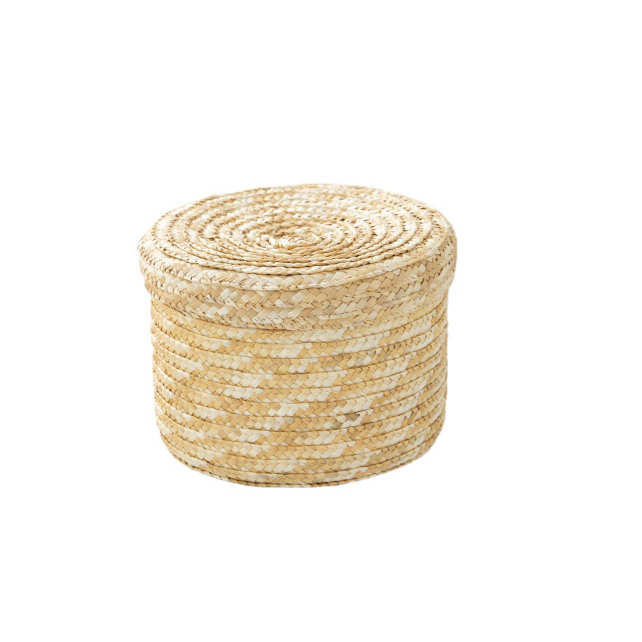 Yijia wheat straw hand-woven modern, simple, fashionable, elegant and high-end storage basket, souvenir and snack storage box, desktop miscellaneous items, covered round storage basket Specification image