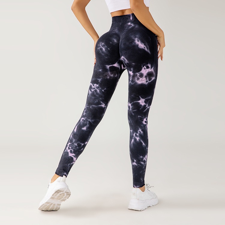 Custom-made tie-dyed sports and fitness pants, leg-tightening running and hip-lifting tight pants, belt-tightening high-elastic hand-painted yoga pants for women details Picture