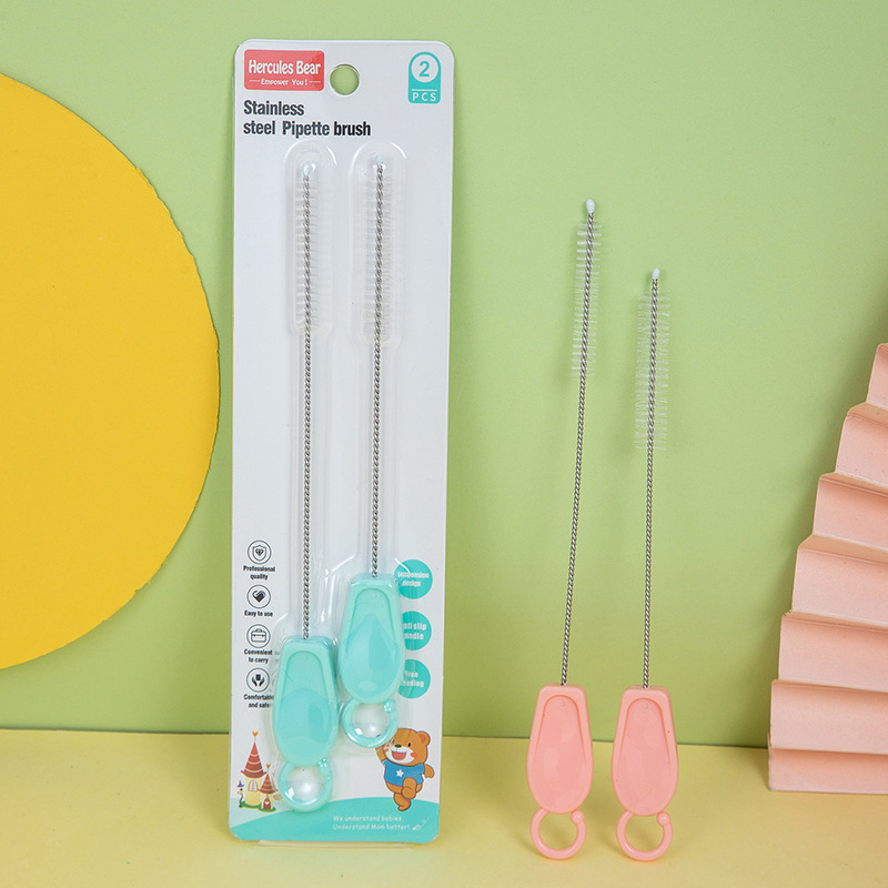 外贸出口2支装婴儿奶瓶吸管刷奶嘴清洁刷 儿童不锈钢吸管刷2件套