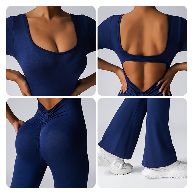 Seamless fashion one-piece suit, outerwear for sports and fitness, backless short-sleeved wide-leg pants, one-piece suit, tight-fitting suit, dance costume