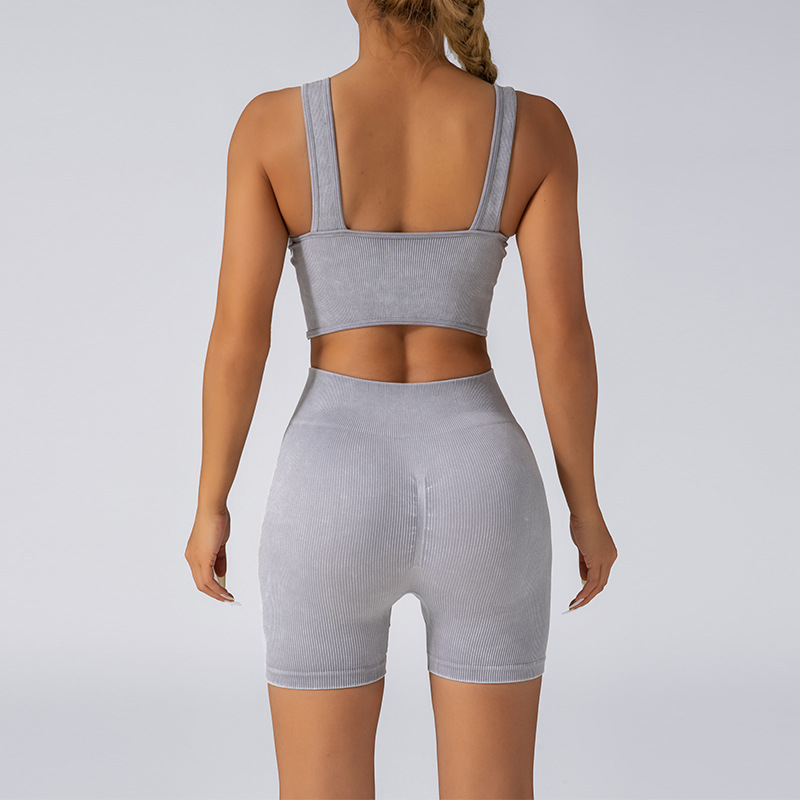 美背瑜伽套装女两件套短裤文胸分体式夏季健身运动弹力纯色健身服