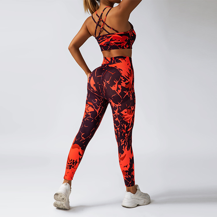 Cross-border new printed yoga set, women's fitness wear, tight-fitting pants for lifting the buttocks, sleeveless halter bra two-piece set details Picture