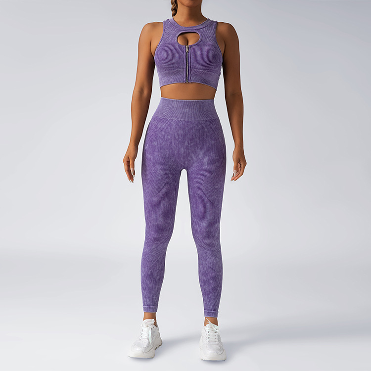 Cross-border new seamless yoga set, fitness and sports, matte high-waisted, hip-lifting long pants, zipper bra, gathering vest details Picture
