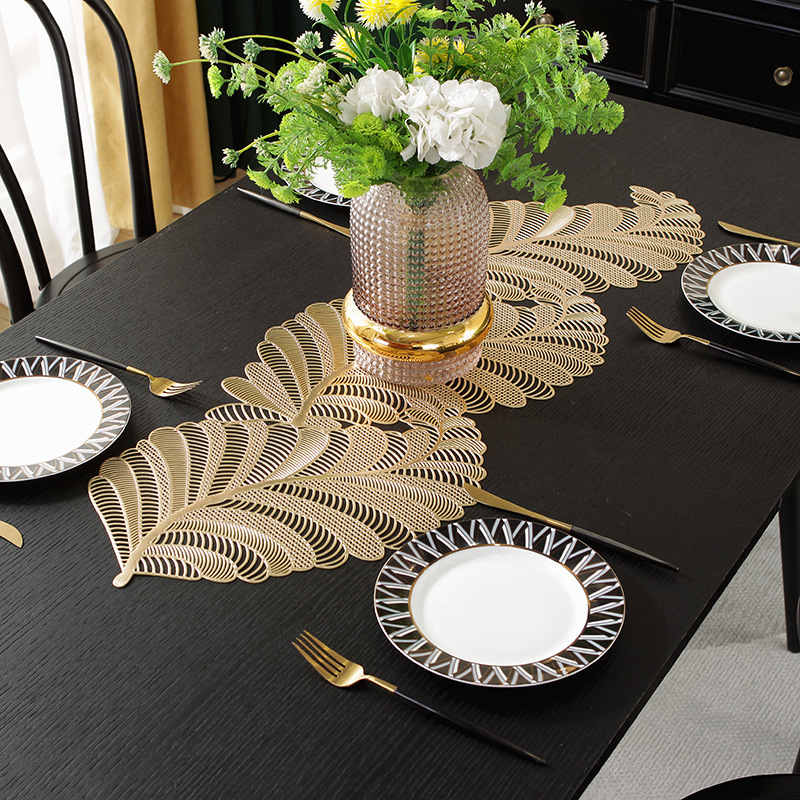 Factory direct sales PVC table MATS with gilded and hollowed-out leaves, long towels, table flags, heat insulation pads, light luxury cross-border no-wash table MATS, waterproof, anti-slip, oil-proof, heat-resistant and wear-resistant pic 1