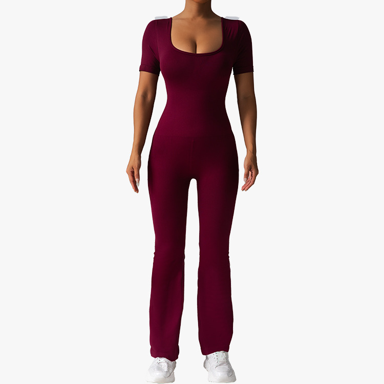 Seamless fashion one-piece suit, outerwear for sports and fitness, backless short-sleeved wide-leg pants, one-piece suit, tight-fitting suit, dance costume Application Scenario