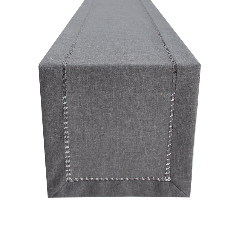 Cross-border eight-character drawstring hollowed-out flat corner table flag, modern, simple, elegant, high-end design sense, imitation linen polyester drawstring table flag, coffee table and dining table cover, solid color table flag Application Scenario