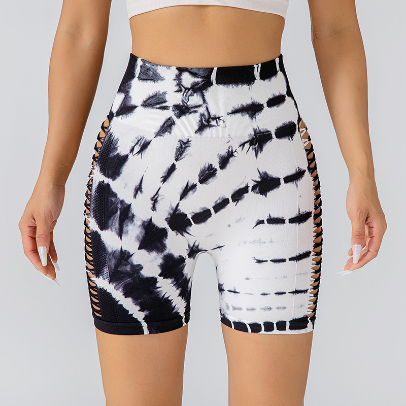 瑜伽服短裤侧边破洞扎染健身束身裤女跑步高腰透气紧身裤工厂定制
