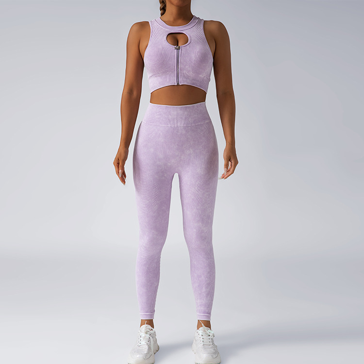 Cross-border new seamless yoga set, fitness and sports, matte high-waisted, hip-lifting long pants, zipper bra, gathering vest Specification image