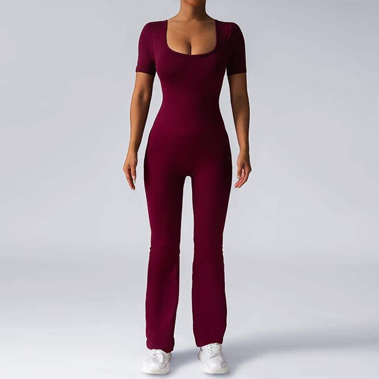 Seamless fashion one-piece suit, outerwear for sports and fitness, backless short-sleeved wide-leg pants, one-piece suit, tight-fitting suit, dance costume Item Picture