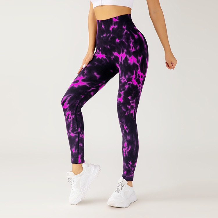 Custom-made tie-dyed sports and fitness pants, leg-tightening running and hip-lifting tight pants, belt-tightening high-elastic hand-painted yoga pants for women Specification image