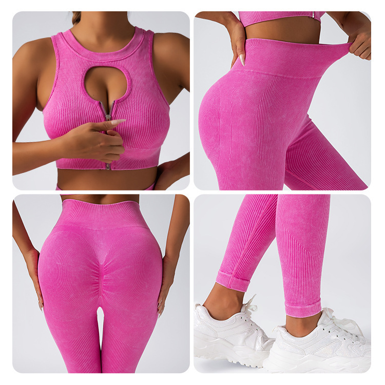 跨境新款无缝瑜伽套装健身运动磨砂高腰提臀长裤拉链文胸聚拢背心