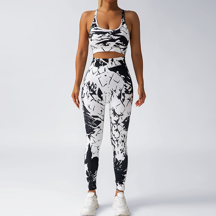 Cross-border new printed yoga set, women's fitness wear, tight-fitting pants for lifting the buttocks, sleeveless halter bra two-piece set Specification image