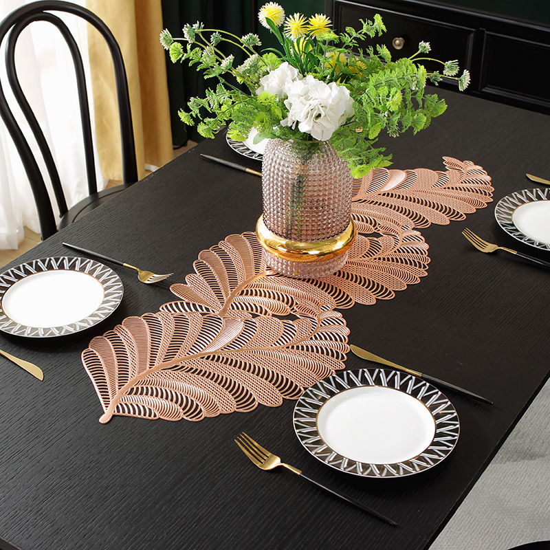 Factory direct sales PVC table MATS with gilded and hollowed-out leaves, long towels, table flags, heat insulation pads, light luxury cross-border no-wash table MATS, waterproof, anti-slip, oil-proof, heat-resistant and wear-resistant pic 6