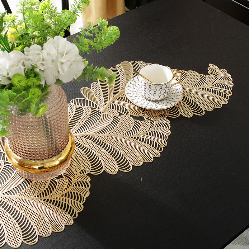 Factory direct sales PVC table MATS with gilded and hollowed-out leaves, long towels, table flags, heat insulation pads, light luxury cross-border no-wash table MATS, waterproof, anti-slip, oil-proof, heat-resistant and wear-resistant