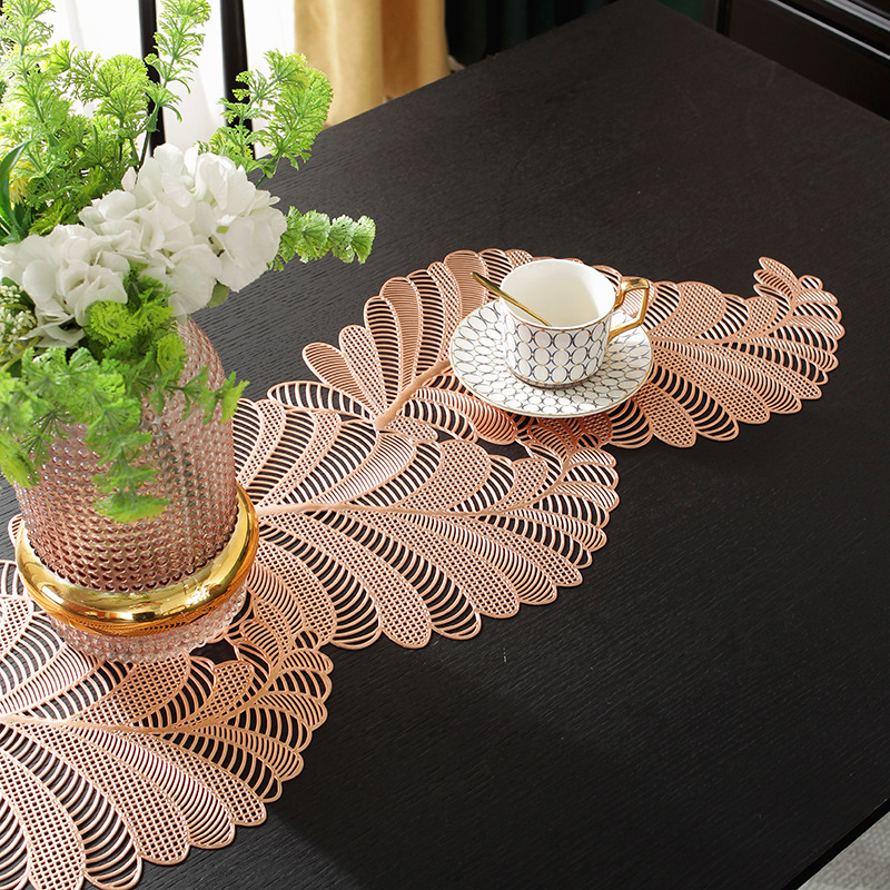 Factory direct sales PVC table MATS with gilded and hollowed-out leaves, long towels, table flags, heat insulation pads, light luxury cross-border no-wash table MATS, waterproof, anti-slip, oil-proof, heat-resistant and wear-resistant pic 7
