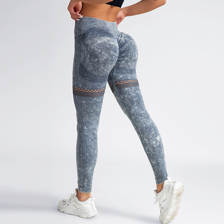 New seamless hollowed-out yoga pants and suits, high-waisted peach-shaped buttocks lifting fitness pants, women's washed matte tight sports pants Specification image