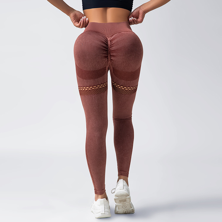 New seamless hollowed-out yoga pants and suits, high-waisted peach-shaped buttocks lifting fitness pants, women's washed matte tight sports pants