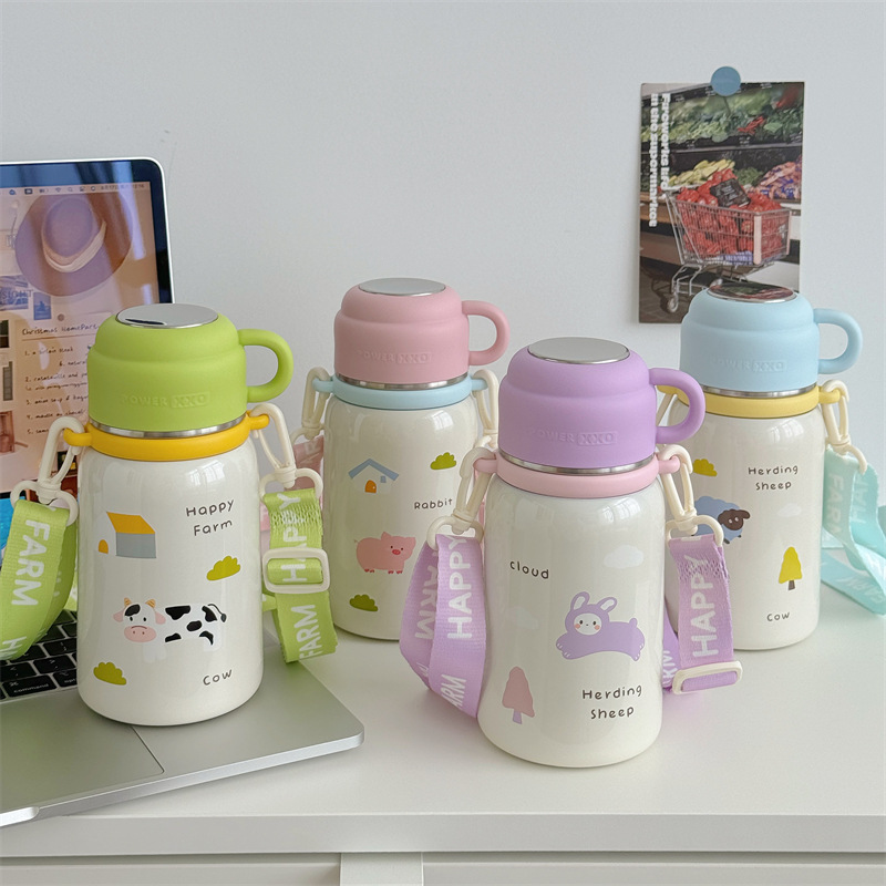 Wholesale of Happy Ranch children's insulated cups with high appearance standards, cute stainless steel water cups with handles for students to go to school