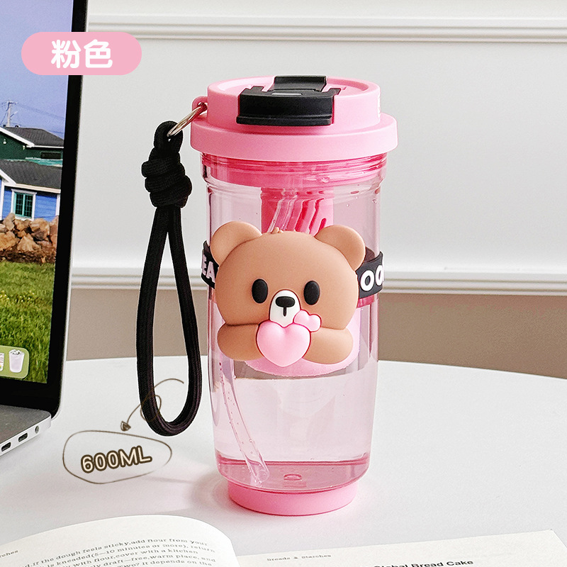 Summer new cartoon hug bear double-drinking plastic cup, Instagram popular water cup, high school girls' appearance level straw cup, casual cup Item Picture
