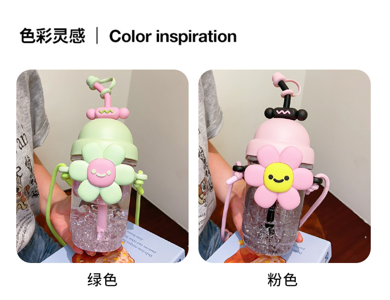 Sunflower pajita taza de plástico de gran capacidad dibujos animados niños taza de agua para niñas alto nivel de apariencia con cordón de elevación moda flor taza pic 10