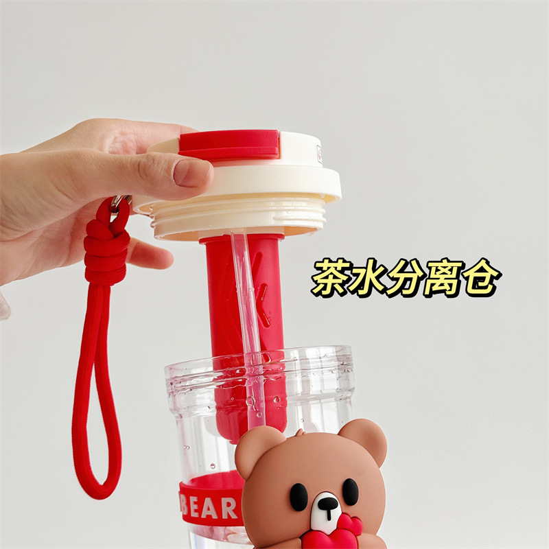 Summer new cartoon hug bear double-drinking plastic cup, Instagram popular water cup, high school girls' appearance level straw cup, casual cup Specification image