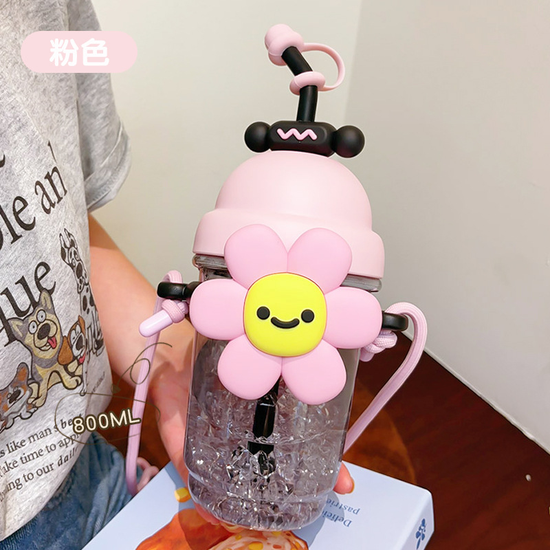 Sunflower straw plastic cup, large-capacity cartoon children's water cup, girls' high appearance level, fashionable flower cup with handle Item Picture