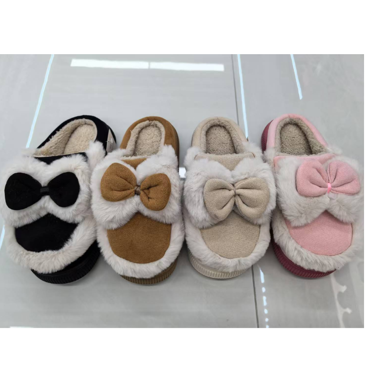New autumn and winter fashionable women's side-sewn bow slippers are comfortable and warm home shoes for export and wholesale full figure