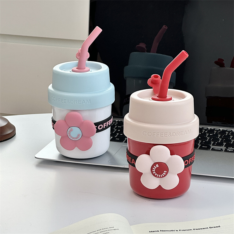 Flower straw insulated cup, women's water cup, high appearance level travel cup, cute coffee cup, stainless steel children's and student water cup details Picture