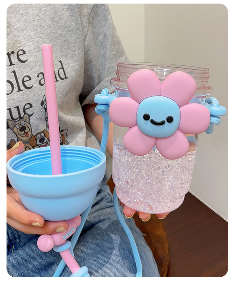 Sunflower pajita taza de plástico de gran capacidad dibujos animados niños taza de agua para niñas alto nivel de apariencia con cordón de elevación moda flor taza pic 14