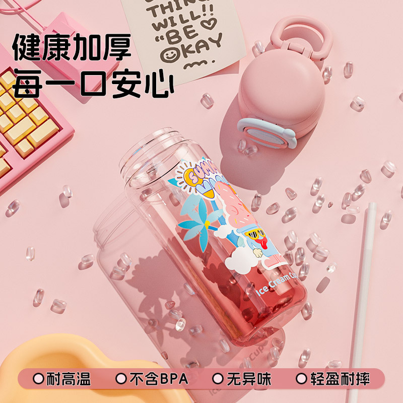 Large-capacity student and children's water cups, summer portable water bottles with straws, plastic cups, popular cartoon outdoor cups details Picture