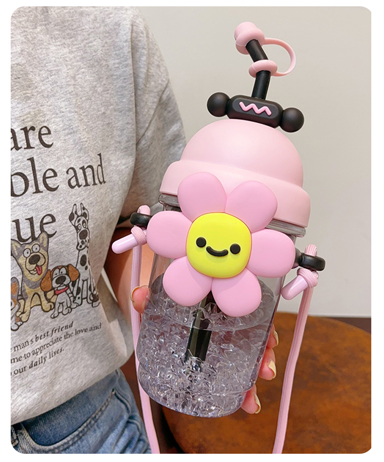 Sunflower pajita taza de plástico de gran capacidad dibujos animados niños taza de agua para niñas alto nivel de apariencia con cordón de elevación moda flor taza pic 13