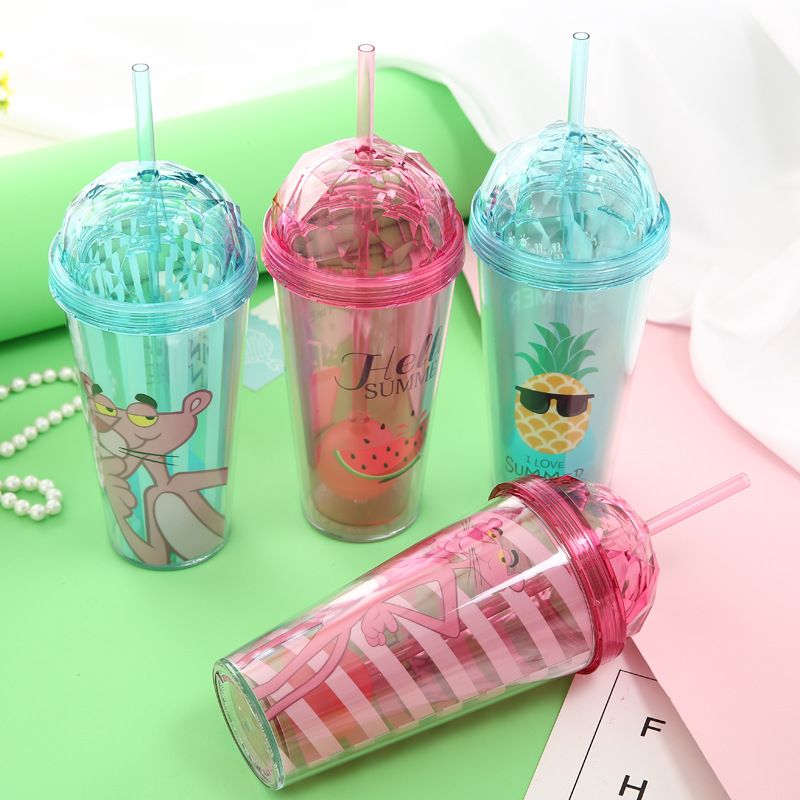 INS创意款AS塑料双层杯粉红豹吸管杯网红杯子厂家批发定制LOGO