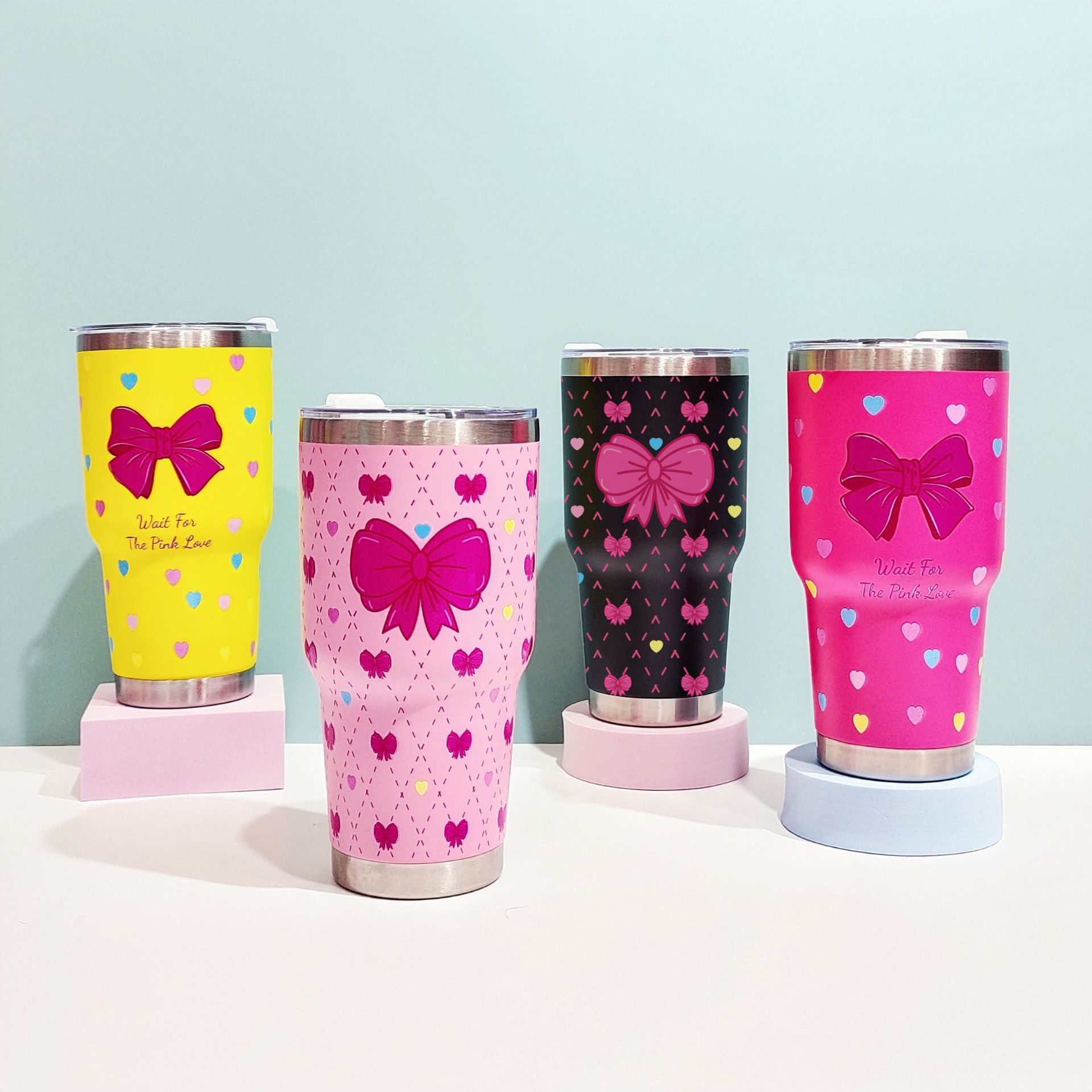 厂家直销跨境304不锈钢保温杯 30OZ双层真空车载杯爱心蝴蝶结水杯详情1