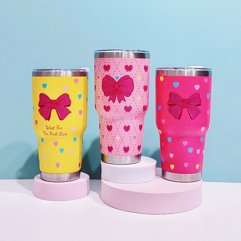 厂家直销跨境304不锈钢保温杯 30OZ双层真空车载杯爱心蝴蝶结水杯详情4