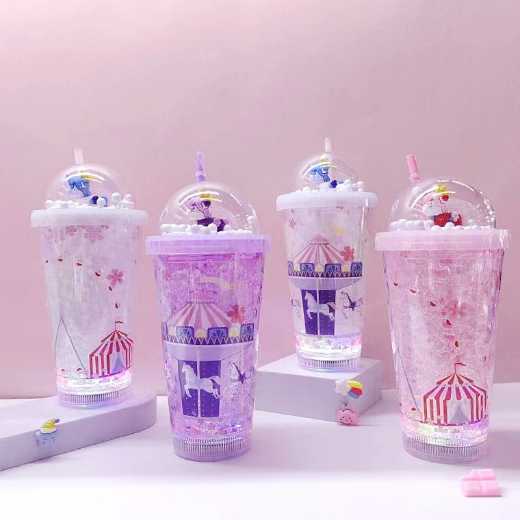跨境厂家直供双层塑料吸管杯时尚独角兽泡泡球摩天轮冰杯