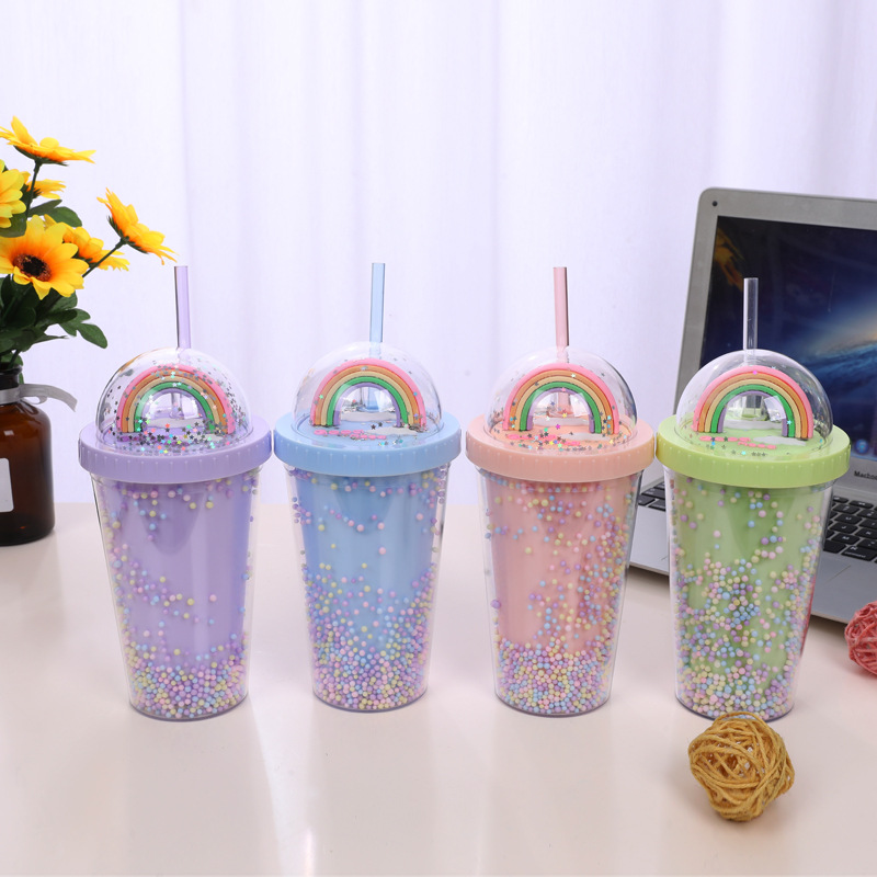 厂家批发泡泡彩虹塑料水杯冰杯塑料吸管杯跨镜爆款现货