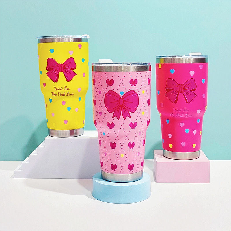 厂家直销跨境304不锈钢保温杯 30OZ双层真空车载杯爱心蝴蝶结水杯详情2