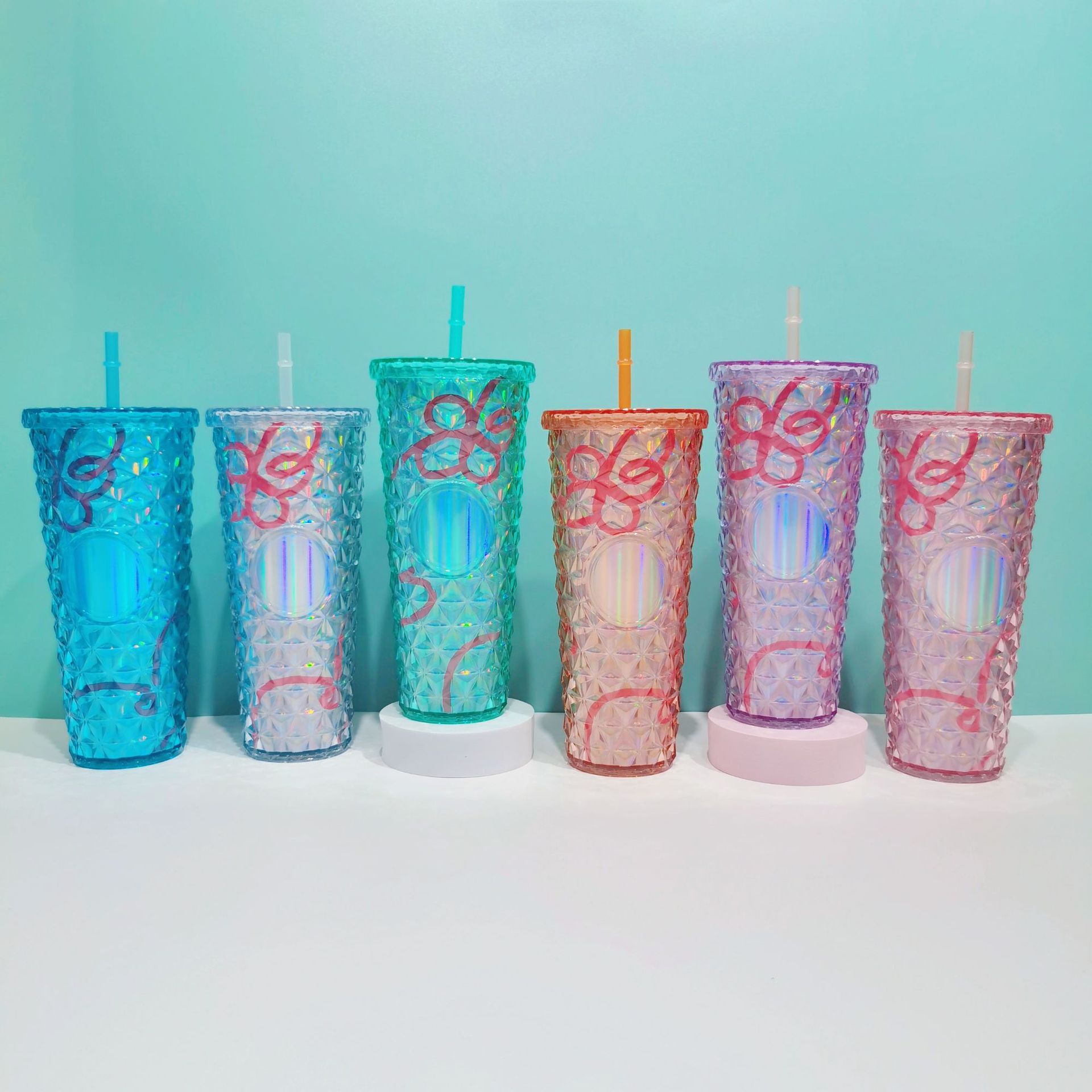 跨境亚马逊双层塑料吸管杯新款大容量创意榴莲杯蝴蝶花纹钻石水杯