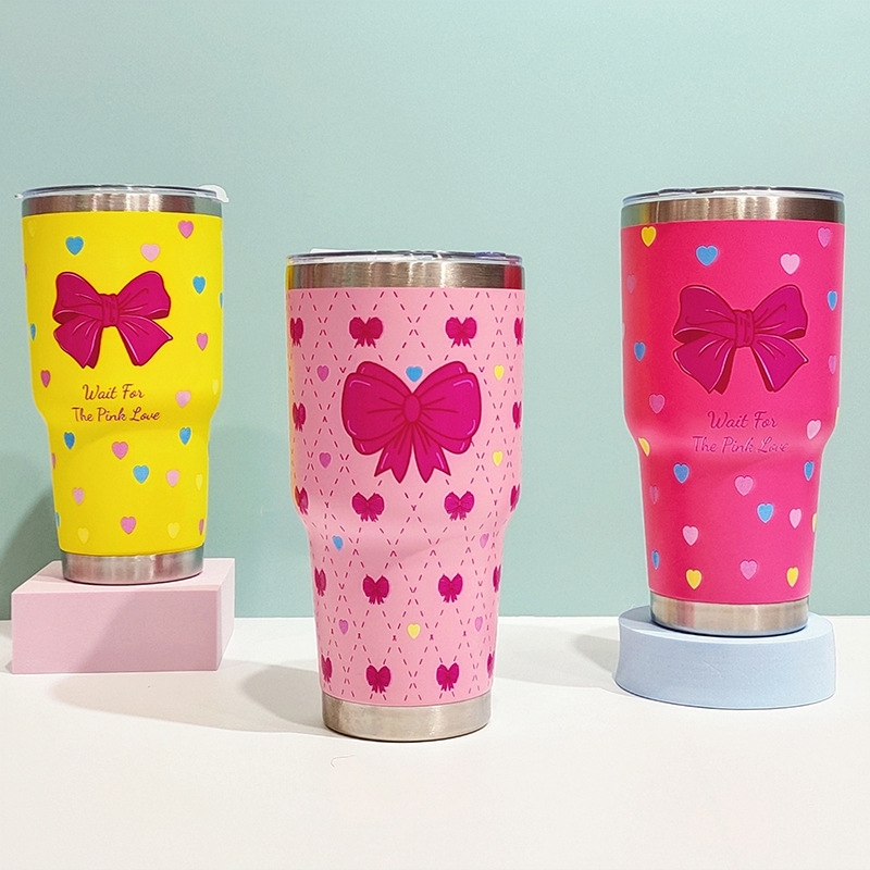 厂家直销跨境304不锈钢保温杯 30OZ双层真空车载杯爱心蝴蝶结水杯