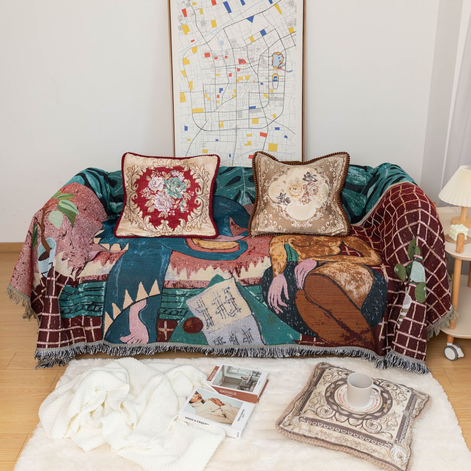 Guitar, woman, decorative blanket, sofa cover Specification image