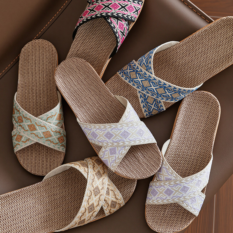 New cross-belt flower ethnic-style home cooling slippers EVA anti-odor natural linen slippers women's factory direct sales details Picture