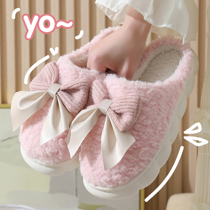 Bowknot poop feel bags and home cotton slippers. Home autumn and winter thick-soled anti-slip slippers. Women's street stall wholesale cotton slippers details Picture