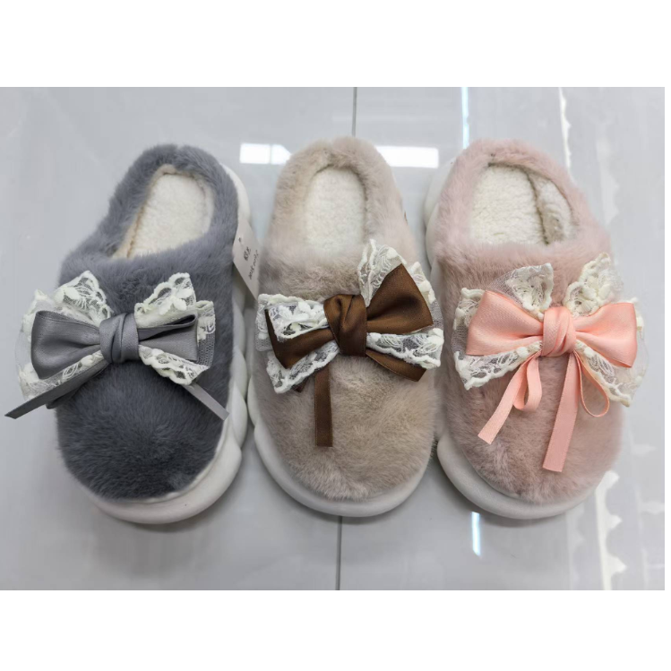 2025 New autumn and winter fashion Bow fur women's flip-flops with added fleece and thickened texture, warm and comfortable, a must-have wholesale for winter full figure