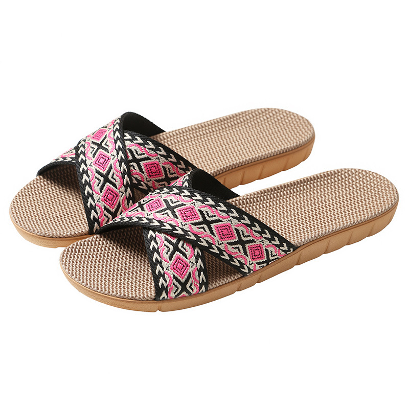 New cross-belt flower ethnic-style home cooling slippers EVA anti-odor natural linen slippers women's factory direct sales Application Scenario