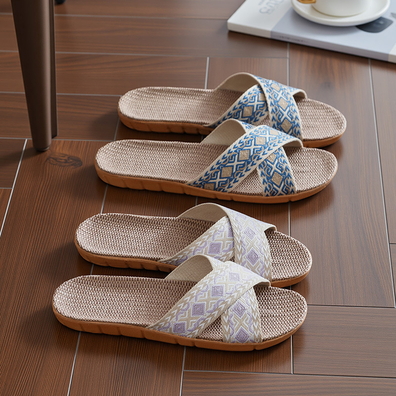New cross-belt flower ethnic-style home cooling slippers EVA anti-odor natural linen slippers women's factory direct sales Specification drawing