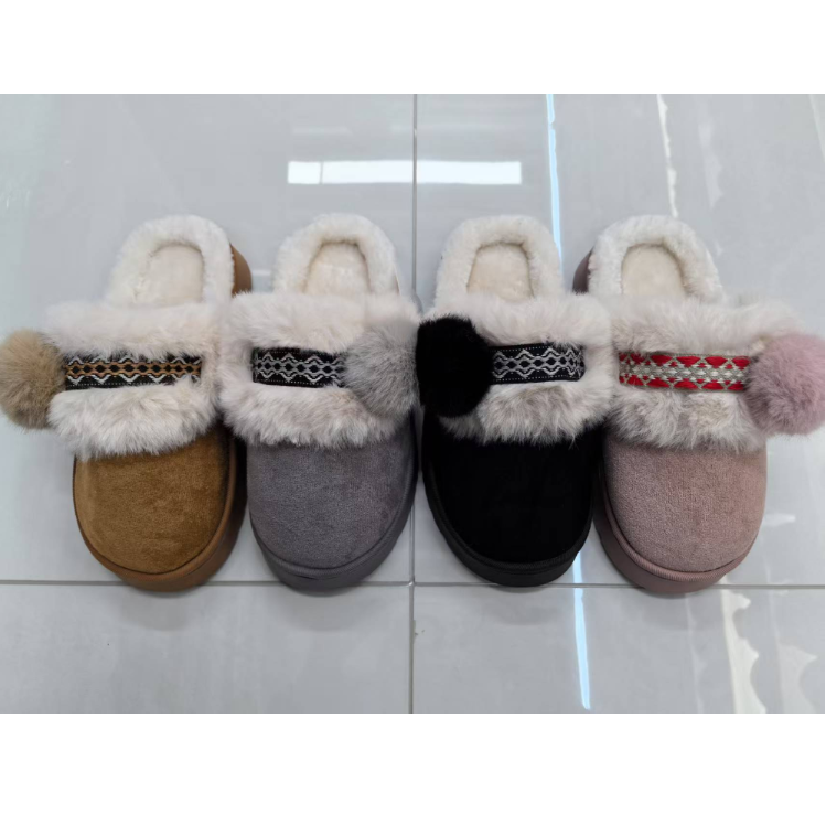 2025 New autumn and winter fur ball ethnic style woven strap children's slippers, warm and comfortable, essential for winter export wholesale full figure