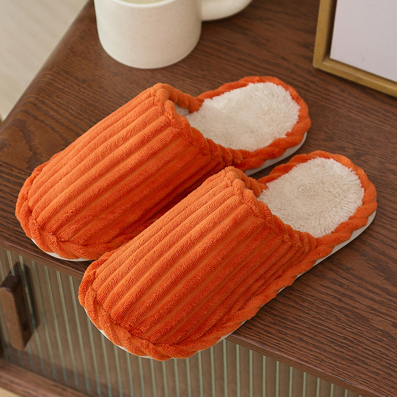Striped slippers, home wholesale, street stall, furry slippers, women's winter anti-slip postpartum shoes, cat-petting cotton slippers for home use Item Picture