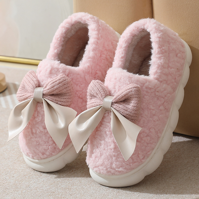 Bowknot poop feel bags and home cotton slippers. Home autumn and winter thick-soled anti-slip slippers. Women's street stall wholesale cotton slippers Item Picture