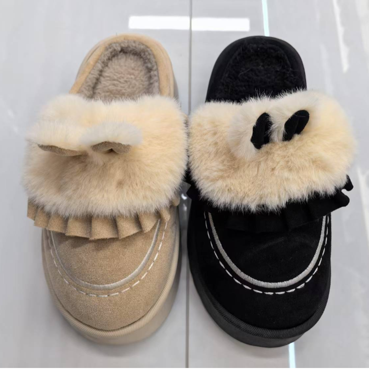 2025 New autumn and winter thick-soled fur-mouthed rabbit-ear women's slippers with added fleece and thickened texture, warm and comfortable, a must-have wholesale for winter full figure